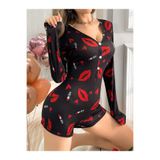 NYXELLE LİNGERİE Kadın Dudak Desenli Düğmeli Mini Şortlu Tulum Pijama - Love Serisi