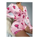 NYXELLE LİNGERİE Kadın Pembe Kalp Desenli Uzun Kollu Düğme Detaylı Bodycon Mini Şort Tulum - Ev Giyimi & Pijama