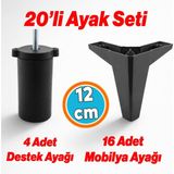 Nzb 20'li Set Mobilya Tv Ünitesi Çekyat Koltuk Kanepe Destek Ayağı 12 cm Siyah Baza Ayakları M8 Ince Diş