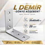 Nzb (25 Adet) L Demir Gönye Köşebent 20X60X60 mm Metal Mobilya Raf Dolap Köşe Sabitleme Birleştirme Bağlantı Aparatı - Gri