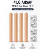 Nzb (4 Adet) Bohem 40 cm Doğal Ahşap Boyasız Silindir Sehpa Ayağı - (4 Adet) 4x4 Metal Montaj Aparatı - Ahşap Rengi
