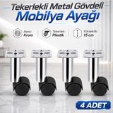 Nzb (4 Adet) Metal Gövdeli Plastik Tekerlekli 15 cm Krom Mobilya Sehpa Baza Ayağı Seyyar Ayak