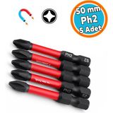 Nzb 5 Adet Impact Bits Uç 50 mm Ph2 Tayvan Çeliği Mıknatıslı Yıldız Uç Manyetik 1/4" Matkap Ucu 5 cm - Siyah