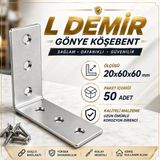 Nzb (50 Adet) L Demir Gönye Köşebent 20X60X60 mm Metal Mobilya Raf Dolap Köşe Sabitleme Birleştirme Bağlantı Aparatı - Gri