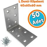 Nzb (50 Adet) Metal L Demiri 40X60X60 mm Köşebent Mobilya Dolap Eşya Duvara Sabitleme Bağlantı Aparatı - Gri