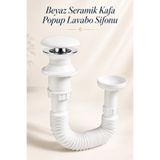 NZB Beyaz Popup Seramik Bas Aç Lavabo Sifoonu ve Beyaz Gider Hortumu (1 Adet) Koku Önleyici Seramik Kafa