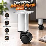 Nzb Krom Metal Gövdeli (1 Adet) 15 cm Plastik Tekerlekli Mobilya Baza Sehpa Ayağı Ayak Kare