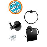 Nzb Metal Sağlam Aparat Vidalı Lavabo Banyo Wc Bez Havlu Çatal Askı Siyah Tuvalet Kağıtlık 3'lü Set