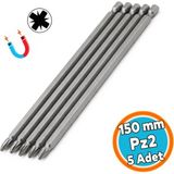 Nzb Mıknatıslı 150 mm (5 Adet) Pozidriv Bits Uç Pz2 Manyetik 1/4" Matkap Ucu 15 cm Güçlü Tayvan Çeliği - Gri
