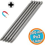 Nzb Mıknatıslı 200 mm Pozidriv Bits Uç Pz2 Manyetik 1/4" Matkap Ucu 20 cm Güçlü Tayvan Çeliği (5 Adet) - Gri