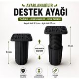 Nzb Siyah Ayarlanabilir Kare Başlı Destek Ayağı 9.5X17 cm Sert Plastik Mobilya Dolap Masa Ayağı