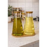 NZR 2'li 900 ml Bambu Kapaklı ve Altlıklı Borosilikat Cam Yağdanlık, Isıya Dayanıklı, YağSirkeSosluk