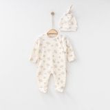 O Baby Mantar Baskılı Tulum Kız ve Erkek 0/3/6AY Patikli Bebek Tulum %100 Pamuk Uyku & Günlük Tulum - Bej - Krem - 0 - 3 Ay