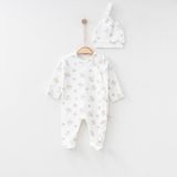O Baby Mantar Baskılı Tulum Kız ve Erkek 0/3/6AY Patikli Bebek Tulum %100 Pamuk Uyku & Günlük Tulum - Beyaz - 3 - 6 Ay