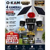 O-Kam OK337/5 B Premium 12MP 4 Kameralı 4G Çift Solar Panel AOV Gece Görüş Sesli Konuşma Akıllı Kamera Sim Kart (5GB*1AY) - Renkli