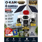 O-Kam OK337B Premium 12MP 4 Kameralı 4g Çift Solar Panel Aov Gece Görüş Sesli Konuşma Akıllı Kamera Turkcell Sim Kart - Renkli
