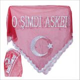 O Şimdi Asker Yazılı Pullu Kına Örtüsü (Eldivenli) Kırmızı Renk (Üçgen Şeklinde)