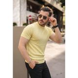 Oada Erkek Örgü Desen Bisiklet Yaka Triko Tişört - %100 Pamuk Akrilik - Açık Sarı - 2XL
