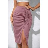 Oada Kadın Beli Lastikli Yandan Büzgülü Bağcık Detaylı Midi Kaşkorse Etek - Pembe - 2XL - 3XL