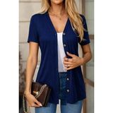 Oada Kadın Kısa Kollu V Yakalı Önü Düğmeli Viskon Bluz - 2XL - 3XL - Lacivert