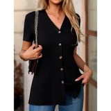 Oada Kadın Kısa Kollu V Yakalı Önü Düğmeli Viskon Bluz - L - XL - Siyah