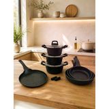 Obsidyen Complete Set 10 Parça Döküm Granit Tencere, Tava Ve Krep Tava Seti 16-18-20 Cm Derin Tencere 20-24-28 Cm Tava 26 Cm Krep Tava Siyah