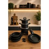 Obsidyen Prestige Mega Set 12 Parça Döküm Granit Tencere Tava Ve Sahan Seti 16-18-20 Cm Tencere 18-20-22 Cm Sahan 20-24-28 Cm Tava Siyah