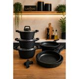 Obsidyen Prestige Plus Set 9 Parça Döküm Granit Tencere Ve Tava Seti 16-18-20 Cm Derin Tencere 20-24-28 Cm Tava Siyah Yapışmaz Yüzey