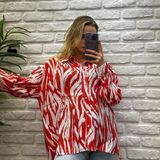Ocean & Bordo Kadın Kırmızı Desenli Tril Gömlek - Standart - Kırmızı - Beyaz