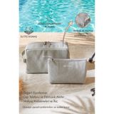 Ocean Home Textile 2 Adet Termal Astarlı Su İtici Leke Tutmaz Gri Jüt Keten Makyaj İlaç Çantası Seti 19x13x7/25x15x12.5