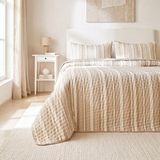 Ocean Home Textile Pamuklu Kapitoneli Bej Renk Çizgi Desen Çift Kişilik Yatak Örtüsü Seti 1 Adet 250 x 230/2 Adet 50 x 70 cm