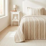 Ocean Home Textile Pamuklu Kapitoneli Bej Renk Çizgi Desen Tek Kişilik Yatak Örtüsü Seti 1 Adet 180 X 230 / 1 Adet 50 X 70 Cm