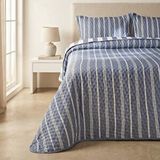 Ocean Home Textile Pamuklu Kapitoneli Lacivert Renk Çizgi Desen Çift Kişilik Yatak Örtüsü Seti 1 Adet 250 X 230 / 2 Adet 50 X 70 C