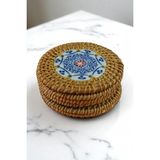 Ocean Point Doğal Rattan Örgü 6'lı El Işlemeli Seramik Bardak Altlığı Seti, Yuvarlak Masa Koruyucu, 10 cm
