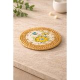 Ocean Point El Örmesi Doğal Rattan ve El Boyaması Seramik Bardak Altlığı, Bohem Şık Dekoratif Nihale, 14 cm