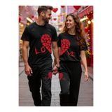 Oceanwear Alt Üst Love Yazılı Kalp Baskılı Siyah Düz Eşofman Tshirt Takımı Sevgili Çift Kombini (TEK TAKIM FİYATIDIR)