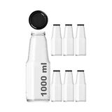 Odea 1000 ml Şeffaf Meyve Suyu Şişesi, Meşrubat, Limonata Şişesi Metal Kapaklı 1000 cc Boş Cam Şişe (6, Siyah Kapak, 1000, Mililitre)
