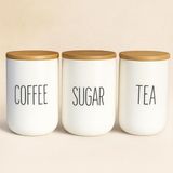 Odea 3’lü Seramik Bambu Kapaklı Beyaz Kavanoz Seti 1000 ml – Coffee/sugar/tea – Bambu Kapaklı - 001-Renkli - 1 Adet - 0,21 L