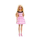 Odea Barbie Pembe Beyaz Çizgili Elbisesi ve Topuklu Ayakkabılarıyla 65. Yıla Özel Sarışın Bebek ve Aksesuarları, HTH66