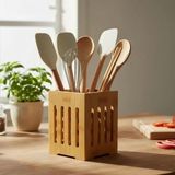 Odea Deconox Küçük Boy Doğal Bambu Kaşıklık - Hasır Örgü Tasarımlı Çatal Kaşık Düzenleyici Tezgah Üstü ve Sofra Sunum Sepeti Organizer (14 x 10 Cm) - 0 - 19 L