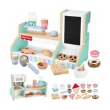Odea Fisher-Price 3 Yaş ve Üzeri Çocuklar Için 20 Ahşap Parçadan Oluşan Ahşap Kahve Dükkanı Oyun Seti ve Oyuncak Kasa, HXV22