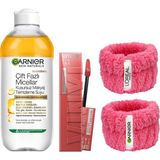 Odea Garnier Skin Naturals Çift Fazlı Micellar Kusursuz Makyaj Temizleme SUYU(400ML)&MAYBELLINE New York Super Stay Vinyl Ink Uzun Süre Kalıcı Likit Parlak Ruj 15 Peachy + Hediye Havlu Bileklik 2'li Set