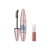 Odea Maybelline New York Lash Sensational Yelpaze Etkili Suya Dayanıklı Siyah Maskara 9.4 ml & Mini Super Stay Matte Ink Likit Mat Ruj 65 Seductress Makyaj Seti - 001 Brown