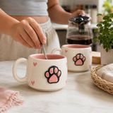 Odea Pawicci 2'li El Yapımı Seramik Kupa Seti, Kedi Desenli Kalp Motifli Stoneware Mug, 200 Ml, Kırmızı Içli Doğal Seramik, Çay Kahve Bardağı, Kedi Severlere Hediye (Pembe) - 00-Siyah - Beyaz