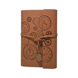 Odea Retro Vintage Saat ve Çark Baskılı Saat Kolye Uçlu Deri Kapaklı Günlük Not Defteri Zamanın Kıymetini Bilenlere Özel Tasarım Hediyelik Açık Kahve