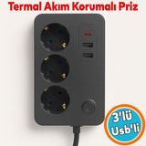 Odea Tr Çocuk Akım Korumalı Topraklı Golyat Grup Şarj Fiş Priz 3 Prizli 3 USB Girişli 2 Metre Uzatma Kablosu - Ahşap - Bej - Siyah