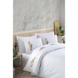 Ödel Buldan Tek Kişilik Dantelli Yaprak Nakışlı Nevresim Takımı-Beyaz&Hardal - 160 x 220 cm
