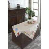 Ödel Home Buldan Kumaşı Dantelli Üçgen Yamalı İşlemeli Masa Örtüsü Naturel Keten 90 x 90 cm