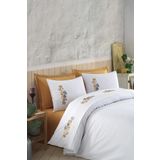 Ödel Home İnce Dantelli Nakış İşlemeli Nevresim Takımı Beyaz - Hardal 200 x 220