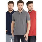 Odelon Erkek Basic 3-Lü Polo Yaka Tişört + Cep Parfümü Armağan Koyu Lacivert